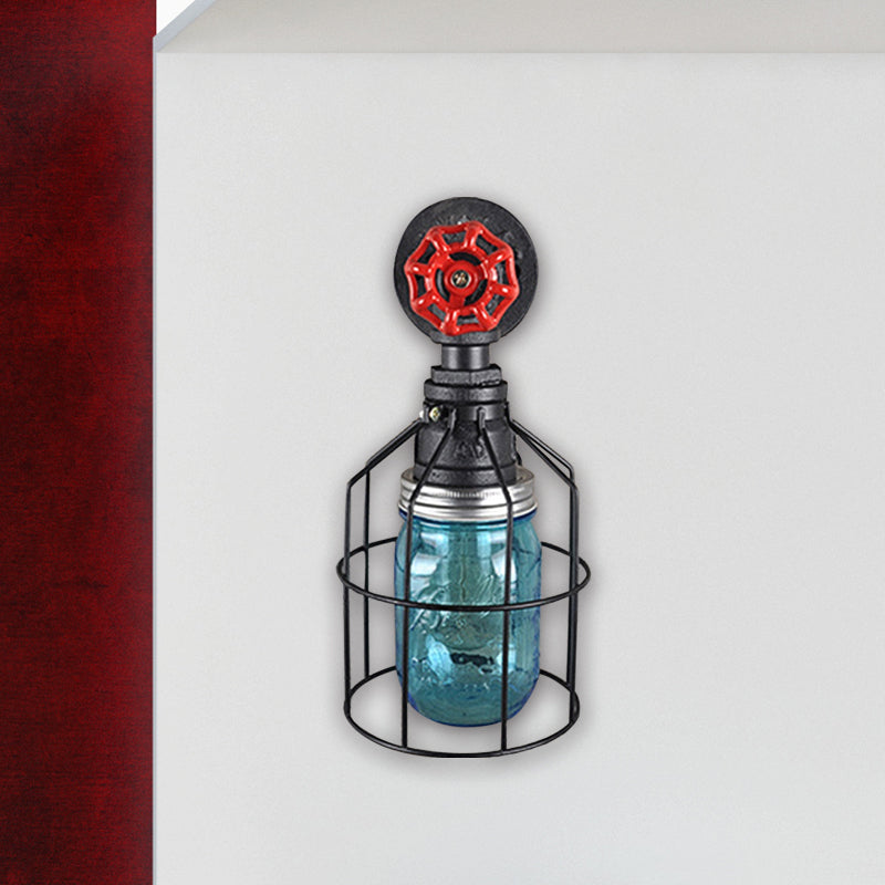 BowLift | Vintage Caged Wall Lamp with Inner Pot Shade and Red Flap 1 Light Glass Wall Lighting in Blue/Transparent