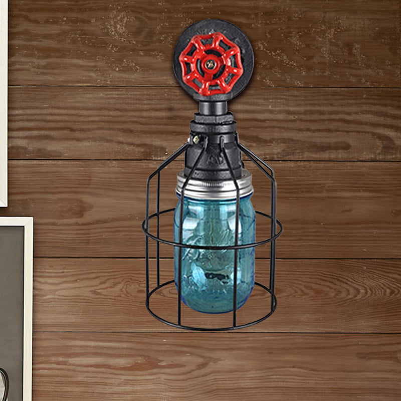 BowLift | Vintage Caged Wall Lamp with Inner Pot Shade and Red Flap 1 Light Glass Wall Lighting in Blue/Transparent