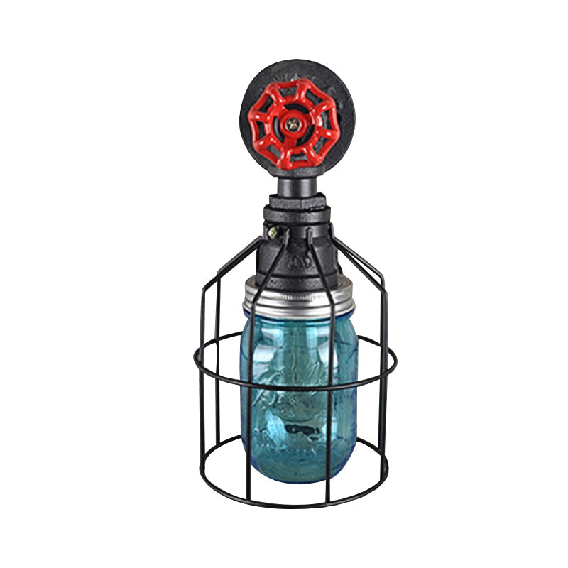 BowLift | Vintage Caged Wall Lamp with Inner Pot Shade and Red Flap 1 Light Glass Wall Lighting in Blue/Transparent