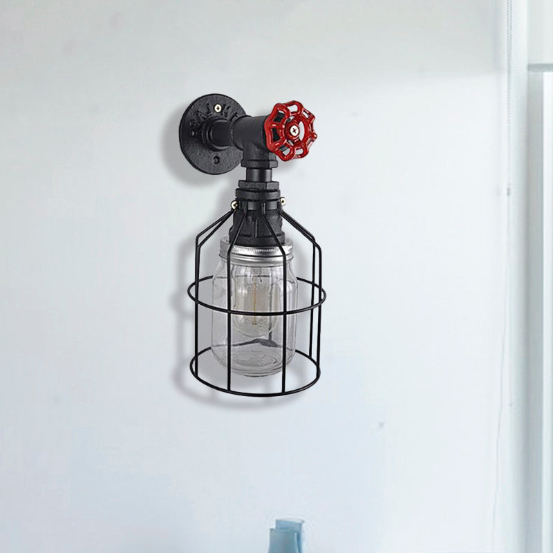 BowLift | Vintage Caged Wall Lamp with Inner Pot Shade and Red Flap 1 Light Glass Wall Lighting in Blue/Transparent