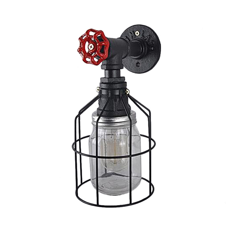 BowLift | Vintage Caged Wall Lamp with Inner Pot Shade and Red Flap 1 Light Glass Wall Lighting in Blue/Transparent