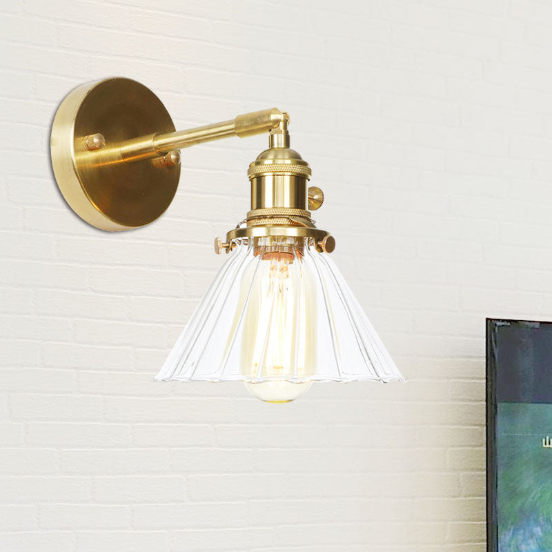 BowLift | Cone-Shaped Wall Lamp with Clear Rippled Glass Single Light Vintage Wall Lighting