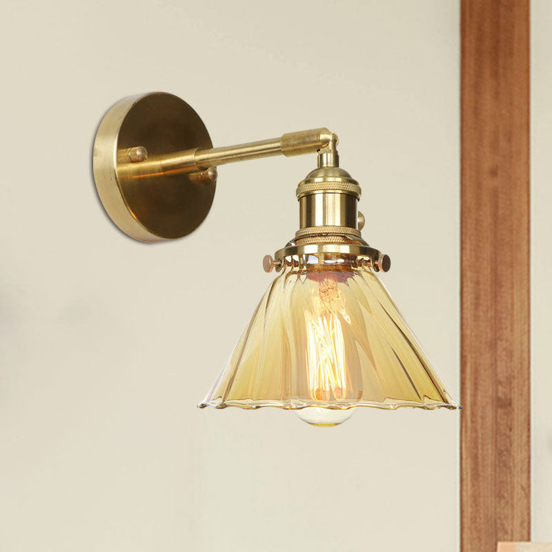 BowLift | Industrial Vintage Cone Wall Lamp Amber Ruffle Glass Adjustable 1 Light Wall Sconce