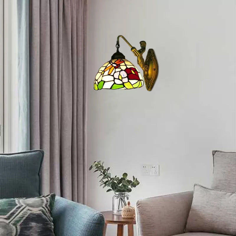 BowLift | Dome Wall Lamp Fixture Baroque Spotted Glass 1 Head Bronze Wall Lamp with Flower/Dragonfly/Morning Glory Pattern