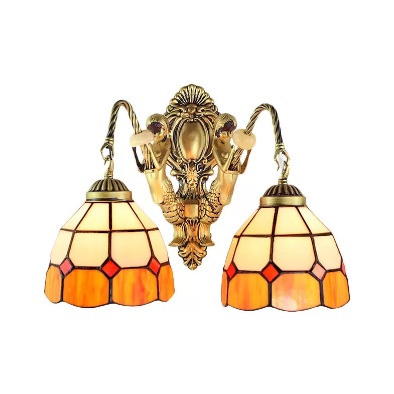 BowLift | 2 Heads Wall Mounted Lamp Tiffany Dome/Cone Multicolored Glass Wall Light made of Brass with Gemstone/Rhombus/Circle Pattern