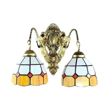 BowLift | 2 Heads Wall Mounted Lamp Tiffany Dome/Cone Multicolored Glass Wall Light made of Brass with Gemstone/Rhombus/Circle Pattern