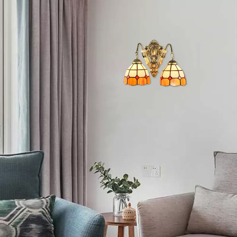 BowLift | 2 Heads Wall Mounted Lamp Tiffany Dome/Cone Multicolored Glass Wall Light made of Brass with Gemstone/Rhombus/Circle Pattern