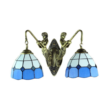BowLift | 2 Heads Wall Mounted Lamp Tiffany Dome/Cone Multicolored Glass Wall Light made of Brass with Gemstone/Rhombus/Circle Pattern