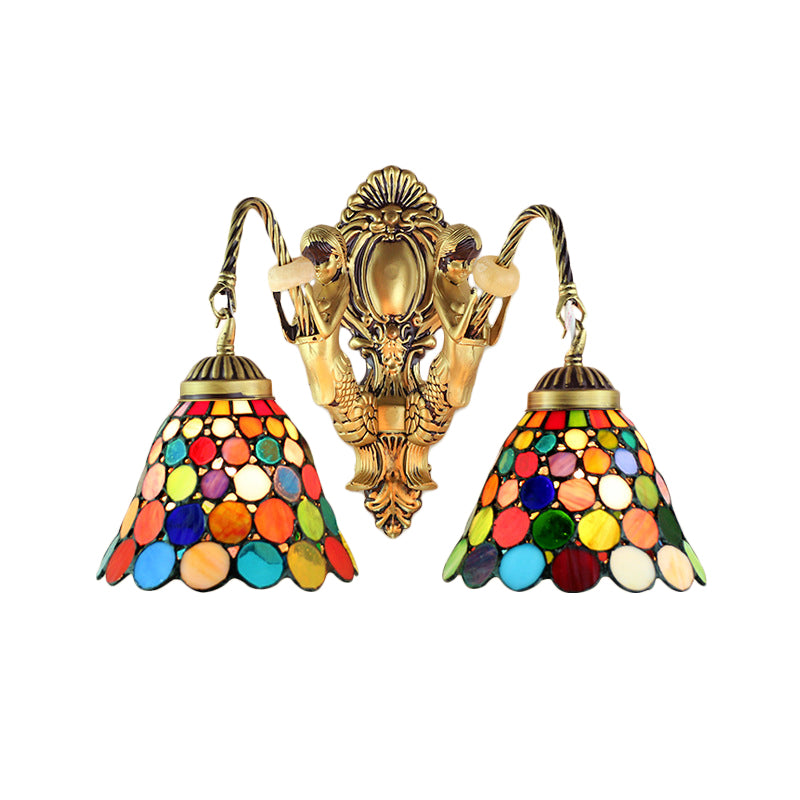 BowLift | 2 Heads Wall Mounted Lamp Tiffany Dome/Cone Multicolored Glass Wall Light made of Brass with Gemstone/Rhombus/Circle Pattern