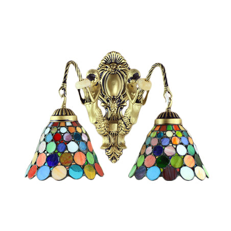 BowLift | 2 Heads Wall Mounted Lamp Tiffany Dome/Cone Multicolored Glass Wall Light made of Brass with Gemstone/Rhombus/Circle Pattern