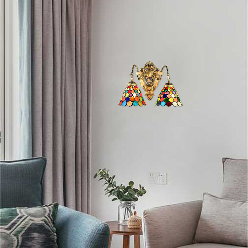 BowLift | 2 Heads Wall Mounted Lamp Tiffany Dome/Cone Multicolored Glass Wall Light made of Brass with Gemstone/Rhombus/Circle Pattern