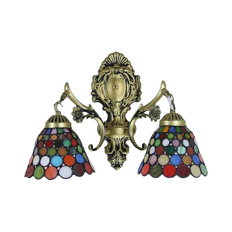 BowLift | 2 Heads Wall Mounted Lamp Tiffany Dome/Cone Multicolored Glass Wall Light made of Brass with Gemstone/Rhombus/Circle Pattern