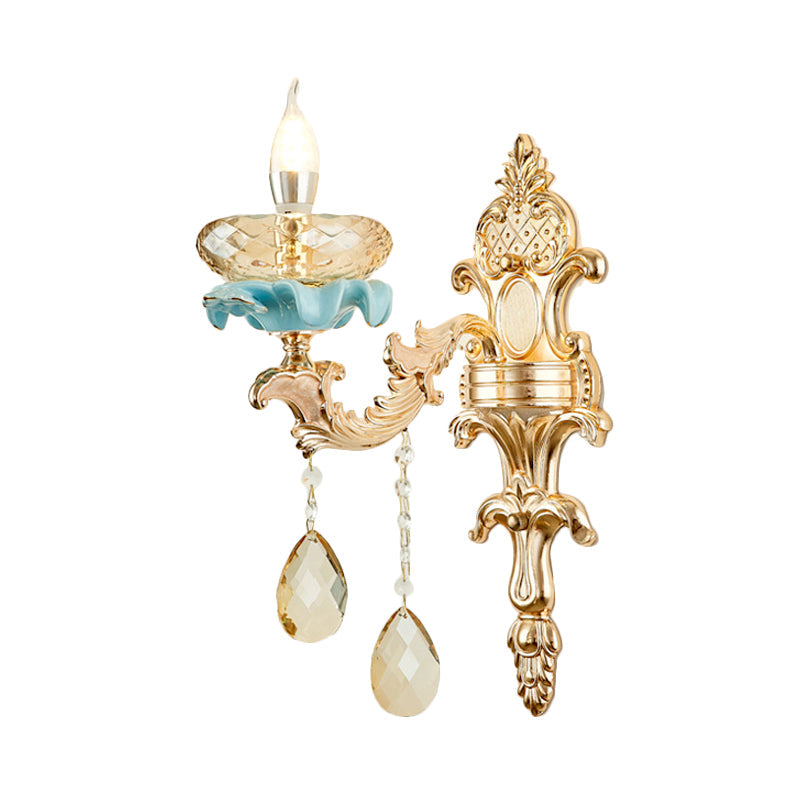BowLift | Antiqued Candle Holder Wall Mount Lamp 1/2-Light K9 Crystal Wall Sconce with Ceramic Plastic in Gold