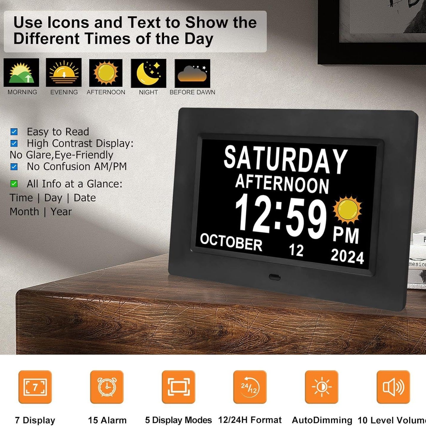 BowLift | 11.5-Inch Digital Calendar Day Clock with 19 Reminders – Claryon