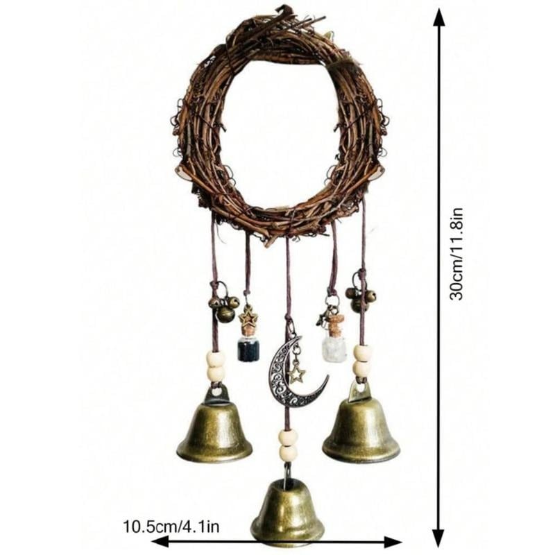 BowLift | Witch Bell Hanging Decor | Boho Rustic Design | Rattan & Metal | 11.8 in