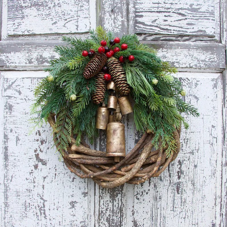 BowLift | Christmas Wreath | Boho Style | Rustic Vine Base with Pinecones & Golden Bells