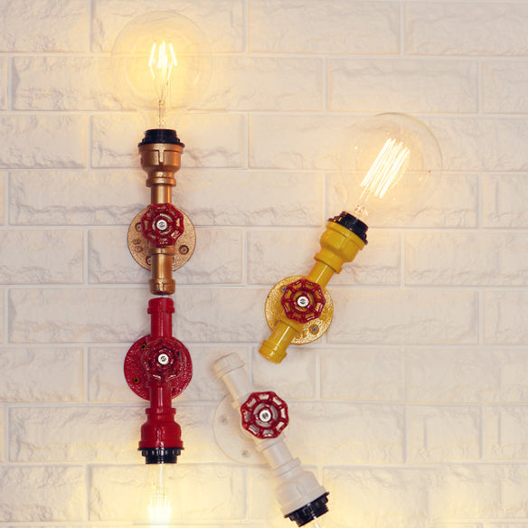 BowLift | Metallic Pipe Wall Light Industrial 1 Bulb Farmhouse Wall Lamp with Raw Valve in White/Red, 1/5-Pack