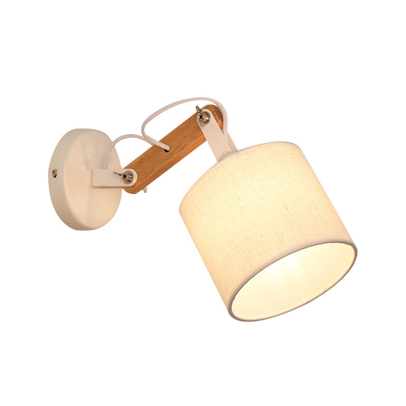 BowLift | Fabric Cylinder Wall Mount Lighting Modernist 1 Bulb White Wall Lamp with Adjustable Wooden Arm