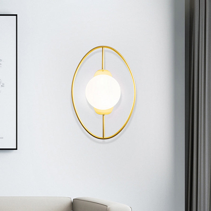 BowLift | Metal Halo Ring Wall Light Minimalist 1 Head Black/Gold Finish Wall Lamp with Sphere White Glass Shade