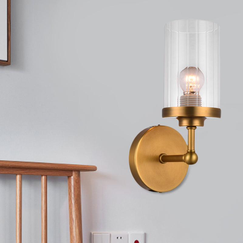 BowLift | Brass Cylinder Wall Lighting Idea Postmodern 1-Head Clear Ribbed Glass Wall Mount Lamp