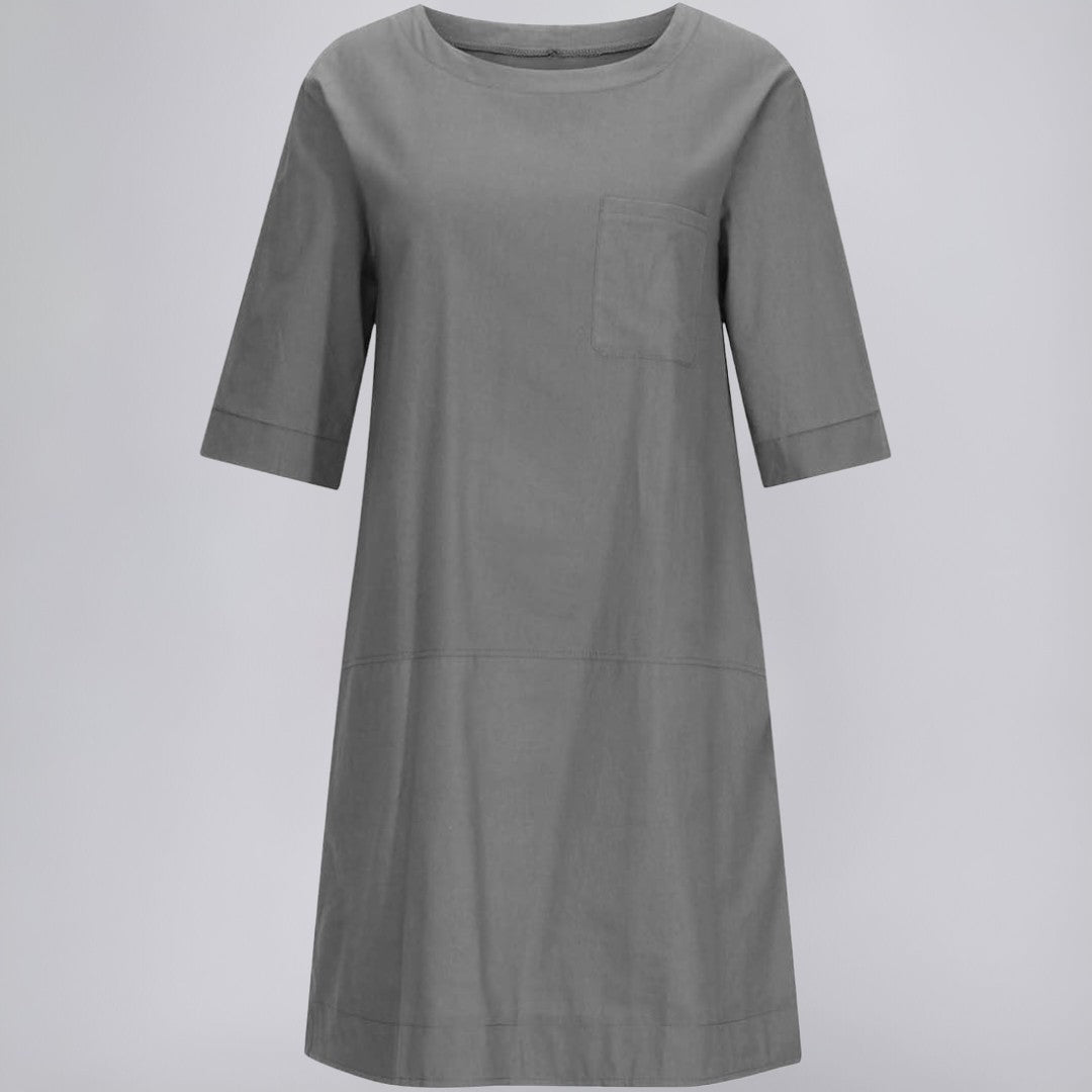 Knee-Length Linen Dress with Chest Pocket