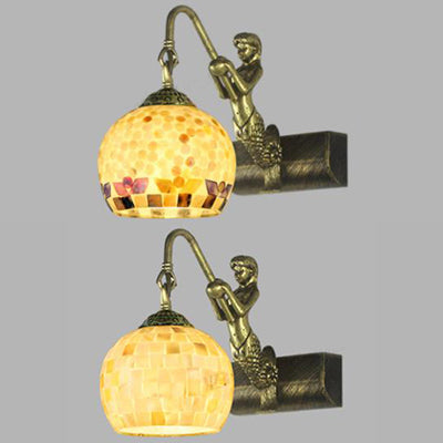 BowLift | Globe Wall Mount Light Tiffany Beige/Beige-Red Shell 1 Head Bathroom Wall Lamp Fixture with Mermaid Decoration