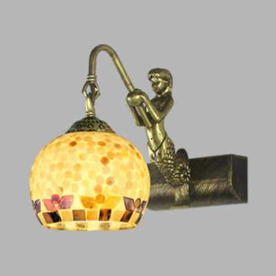 BowLift | Globe Wall Mount Light Tiffany Beige/Beige-Red Shell 1 Head Bathroom Wall Lamp Fixture with Mermaid Decoration