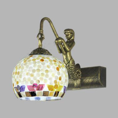 BowLift | Globe Wall Mount Light Tiffany Beige/Beige-Red Shell 1 Head Bathroom Wall Lamp Fixture with Mermaid Decoration