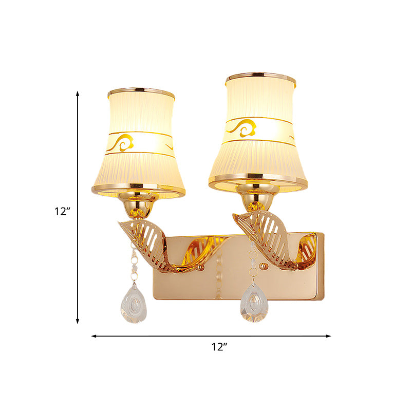 BowLift | Flared Ribbed Glass Wall Sconce Light Traditional 2-Bulb Dining Room Wall-Mounted Fixture in Gold
