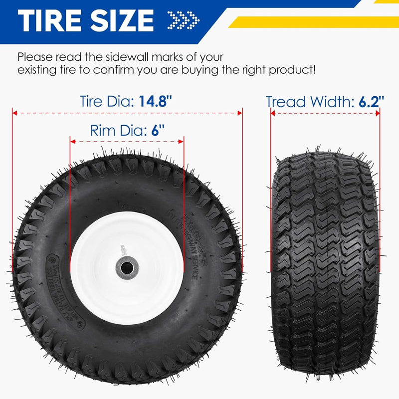 BowLift | 15x6-6" Lawn Mower Tires 2-Pack Pneumatic 4Ply Tubeless Turf Tire for Riding Mowers