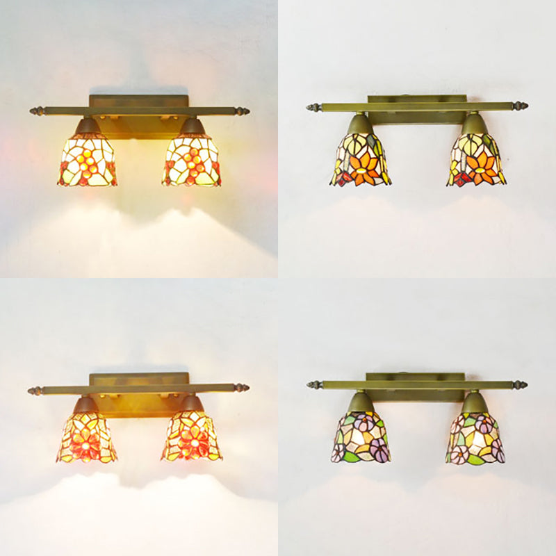 BowLift | Lodge Style Dome Wall Lamp with Sunflower/Grape/Yellow Flower/Morning Glory Glass Shard 2 Lights Bathroom Vanity Light in Brass