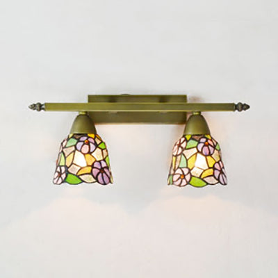 BowLift | Lodge Style Dome Wall Lamp with Sunflower/Grape/Yellow Flower/Morning Glory Glass Shard 2 Lights Bathroom Vanity Light in Brass