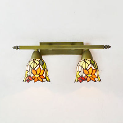 BowLift | Lodge Style Dome Wall Lamp with Sunflower/Grape/Yellow Flower/Morning Glory Glass Shard 2 Lights Bathroom Vanity Light in Brass