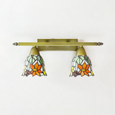 BowLift | Lodge Style Dome Wall Lamp with Sunflower/Grape/Yellow Flower/Morning Glory Glass Shard 2 Lights Bathroom Vanity Light in Brass