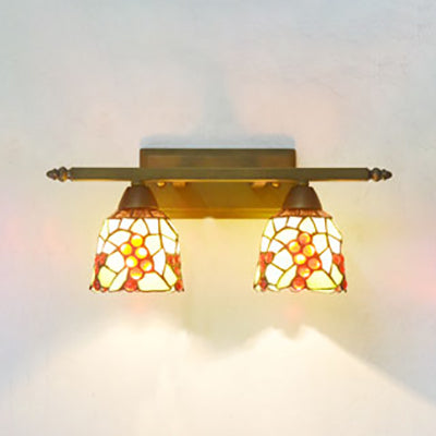 BowLift | Lodge Style Dome Wall Lamp with Sunflower/Grape/Yellow Flower/Morning Glory Glass Shard 2 Lights Bathroom Vanity Light in Brass