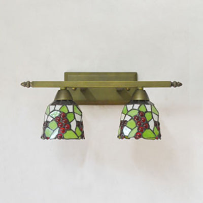 BowLift | Lodge Style Dome Wall Lamp with Sunflower/Grape/Yellow Flower/Morning Glory Glass Shard 2 Lights Bathroom Vanity Light in Brass