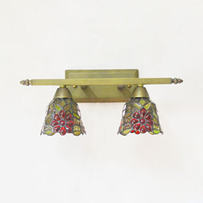 BowLift | Lodge Style Dome Wall Lamp with Sunflower/Grape/Yellow Flower/Morning Glory Glass Shard 2 Lights Bathroom Vanity Light in Brass
