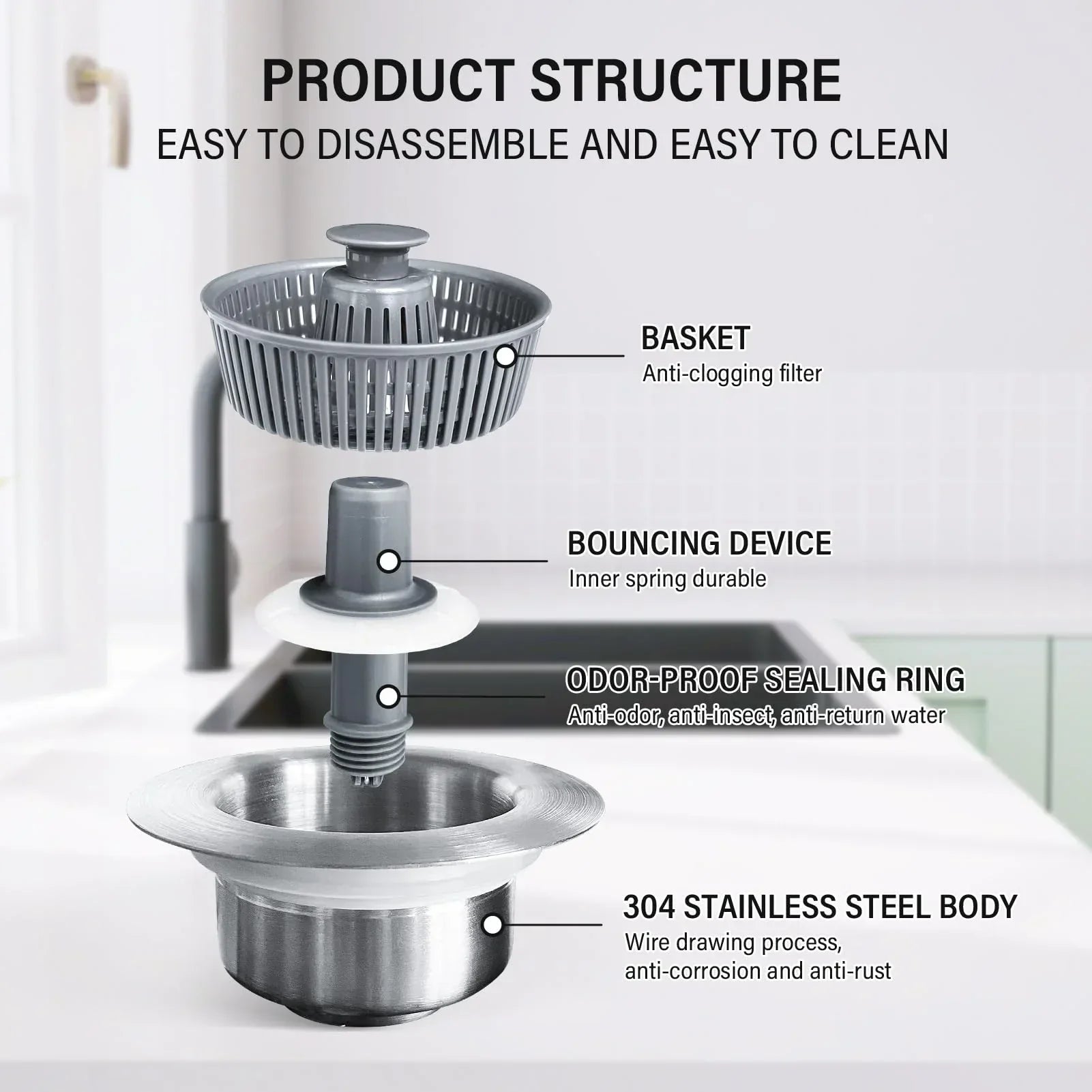 BowLift | Drain Strainer & Stopper | 304 Stainless Steel + ABS | Anti-Clog Basket | Fits Standard Kitchen Sinks