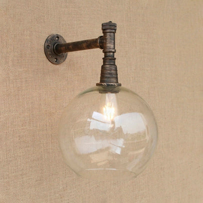 BowLift | Iron bronze wall lamp fixture pipe 1 head antique style wall mount light with global glass shade, 8"/12" wide