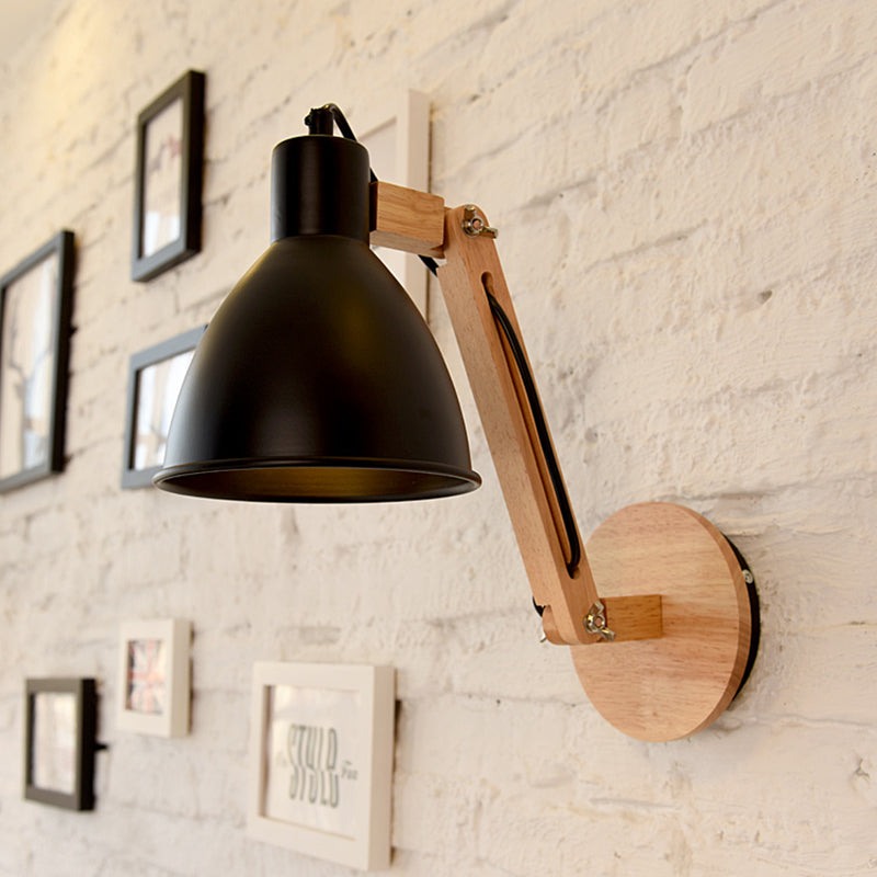 BowLift | Iron Dome Wall Mounted Lamp Modern 1 Head White/Black Finish Wall Light with Wooden Swivel Arm