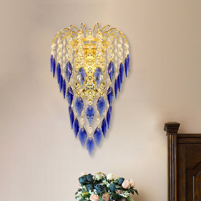BowLift | Modern 2-light Wall Lighting Brass Finish Curved Wall-Mounted Lamp with Tan/Blue Crystal Lampshade