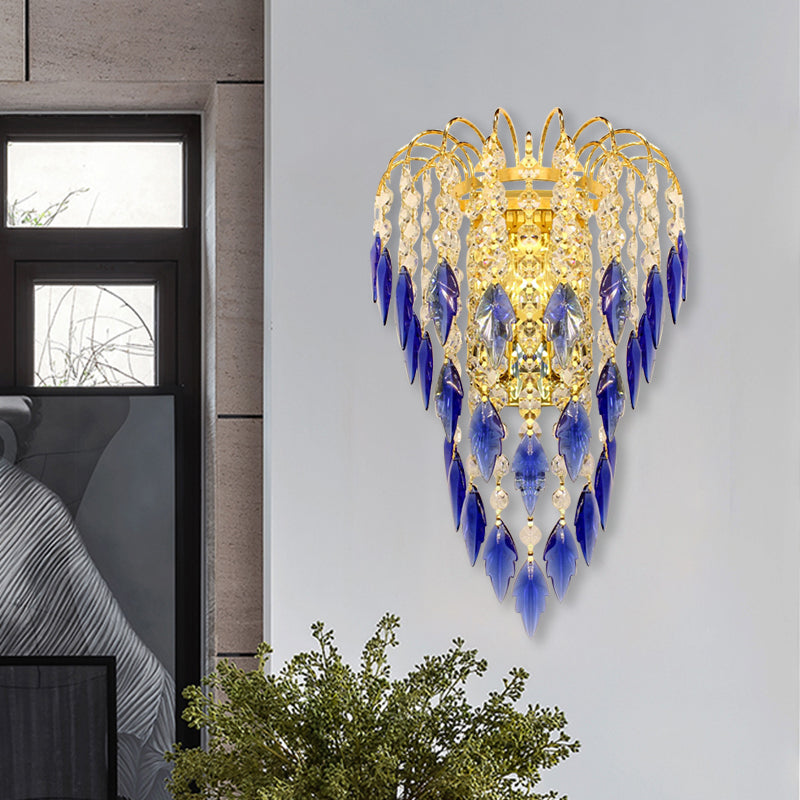 BowLift | Modern 2-light Wall Lighting Brass Finish Curved Wall-Mounted Lamp with Tan/Blue Crystal Lampshade