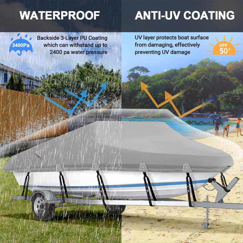 BowLift | 17'-19' Boat Cover Heavy Duty 600D Waterproof Boat Cover for V-Hull Tri-Hull Runabout Bass Boat Fish Ski Boat