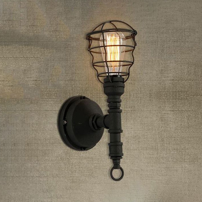 BowLift | Vintage Industrial Coated Wall Lamp 1 Light Metal Wall Mount Light with Water Pipe in Black for Dining Room