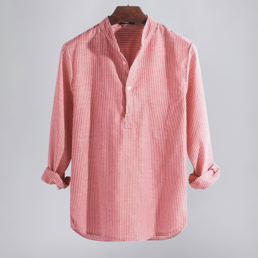 Striped Henley Shirt with Band Collar