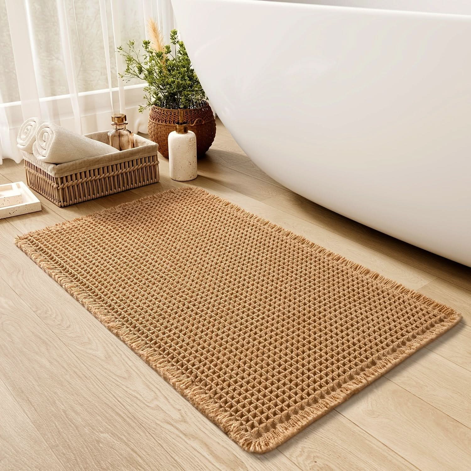 BowLift | AbsorbEase | Waffle Bath Mat with Fringes – Quick-Dry & Non-Slip