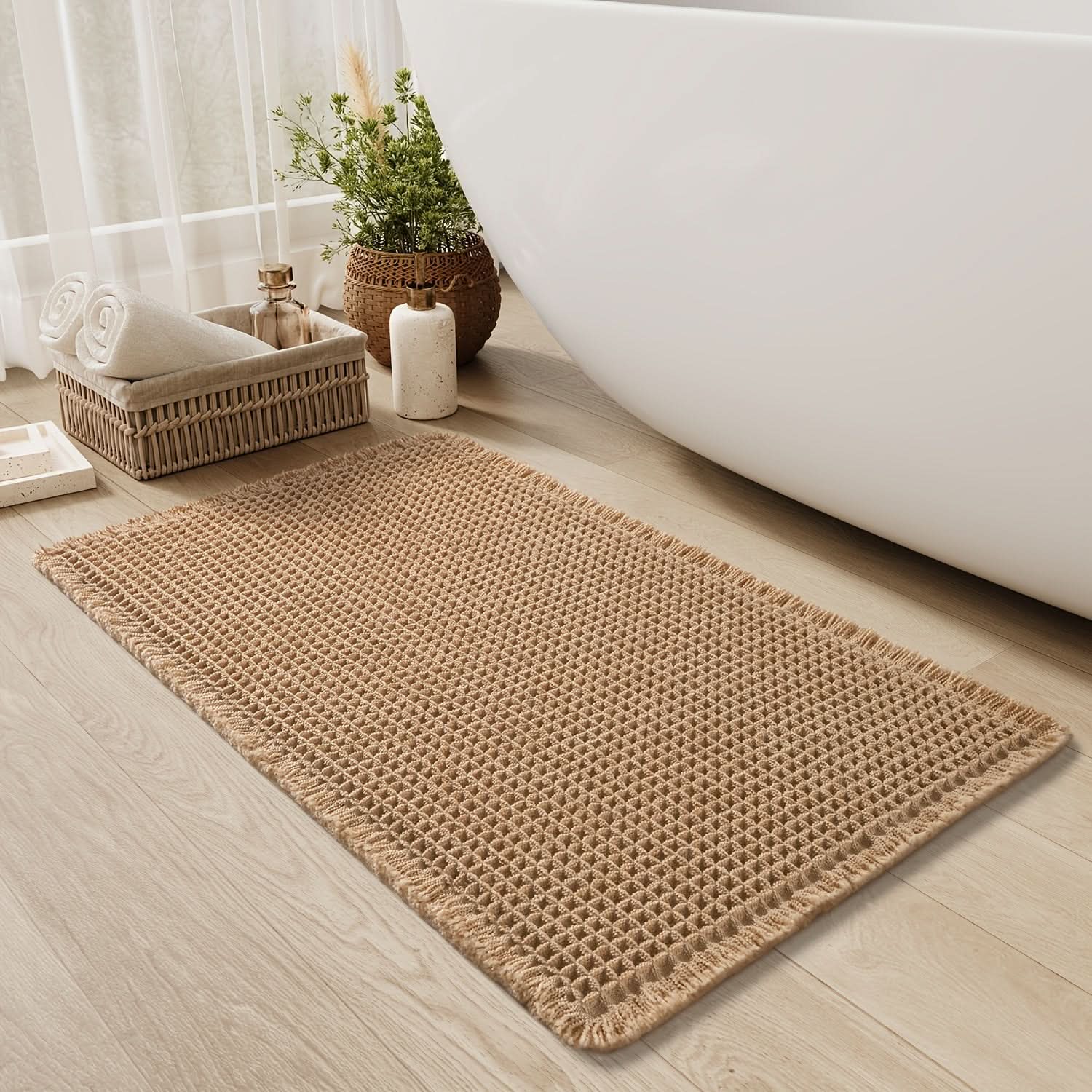 BowLift | AbsorbEase | Waffle Bath Mat with Fringes – Quick-Dry & Non-Slip