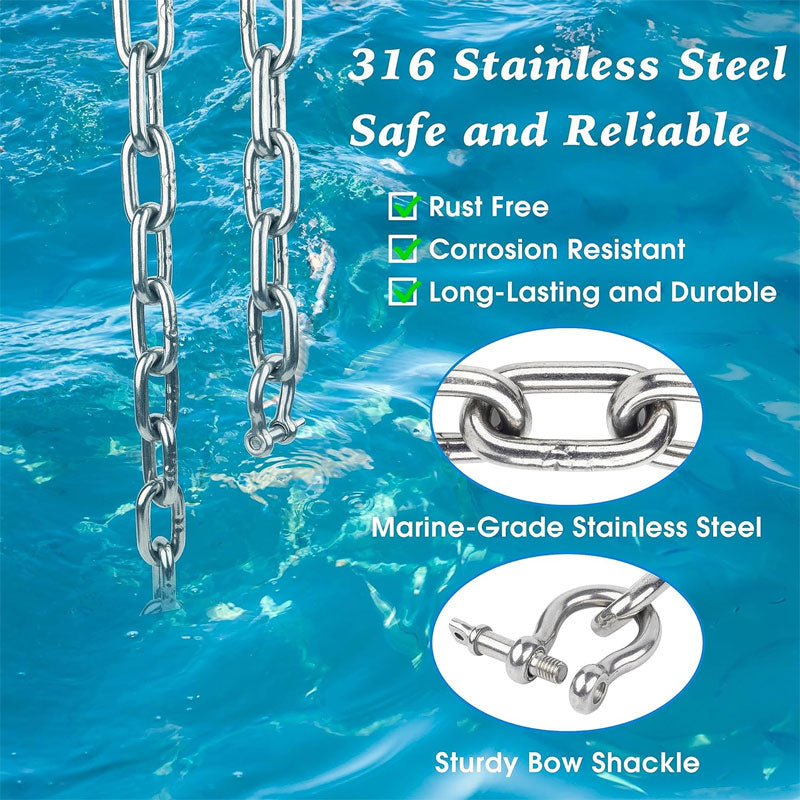 BowLift | Marine Anchor Chain, 316 Stainless Steel Marine Grade Anchor Lead Chain With Double Locking Ring Shackle, Suitable For Different Anchors