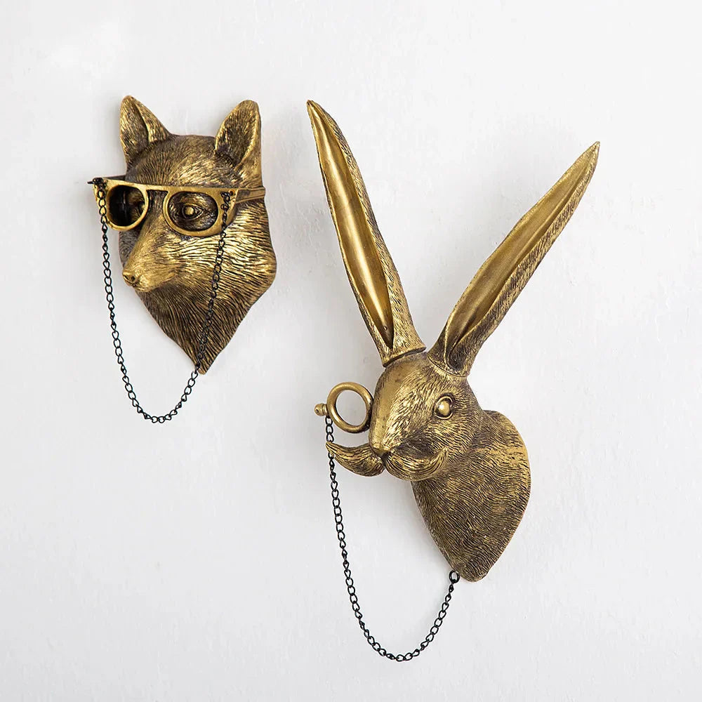 BowLift | Antique Bronze Resin Animal Pendant Golden Deer Head Wall Storage Hook Background Wall Accessories Decorative Figures