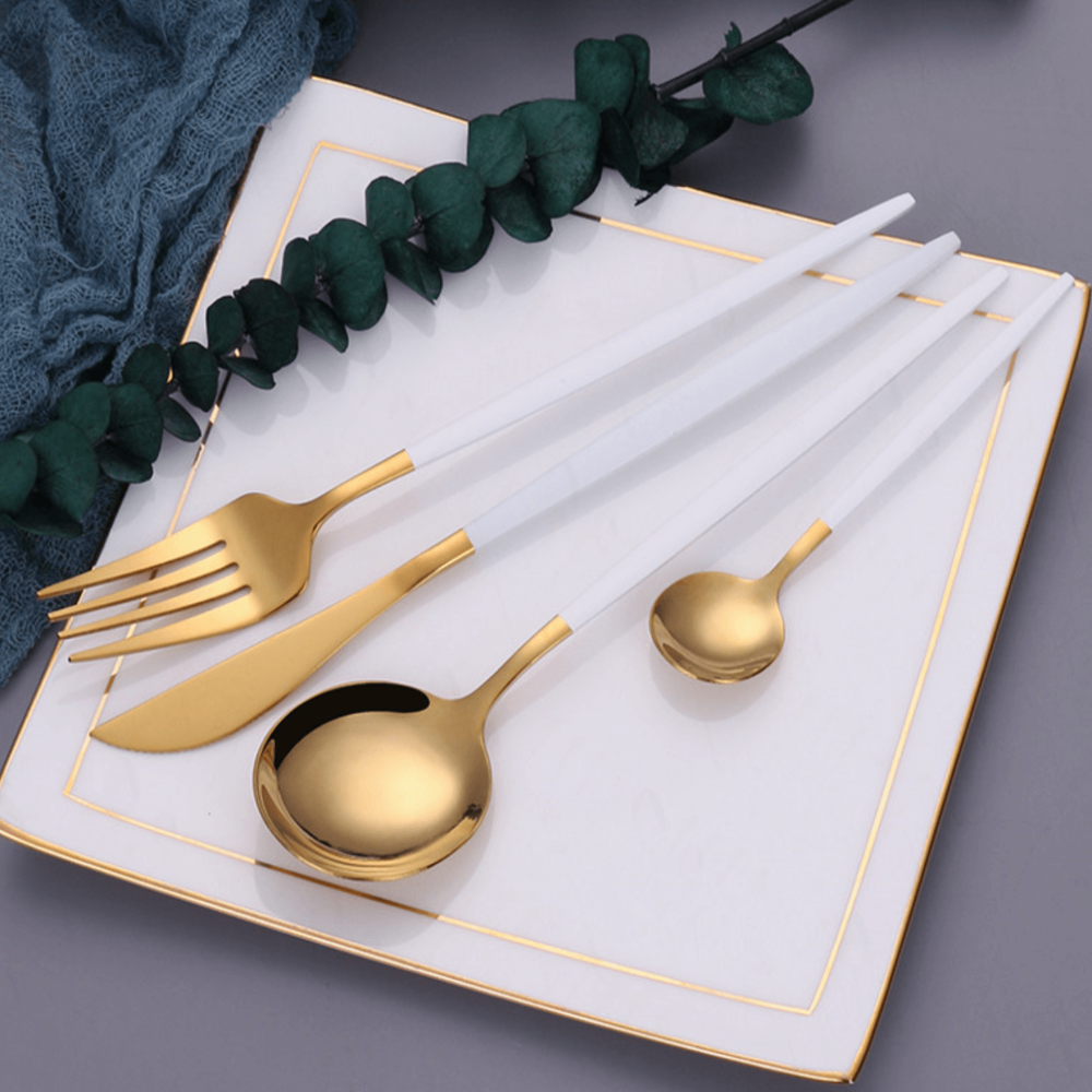 BowLift | Gold Stainless Steel Cutlery Set with White Handles